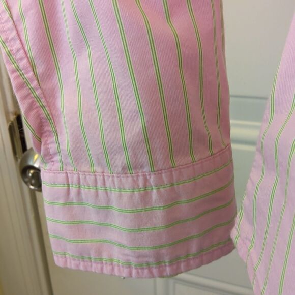 Old Navy perfect fit long sleeve pink and green stripe button front shirt. - Picture 6 of 15